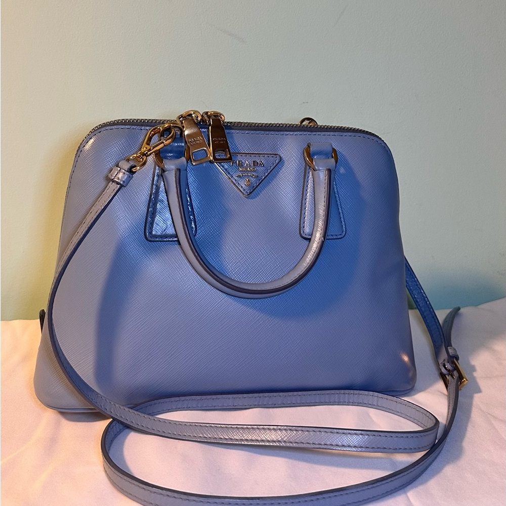 Prada Saffiano Lux Dome Satchel – Sky Blue (Double Zip) ✨w/ COA